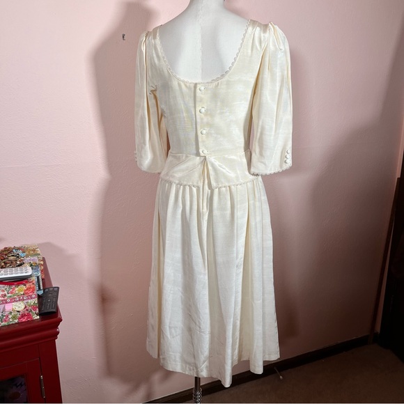 Vintage 80 90 Lanz Cream White Satin Puff sleeve Peplum Victorian Dress wedding - Picture 7 of 17